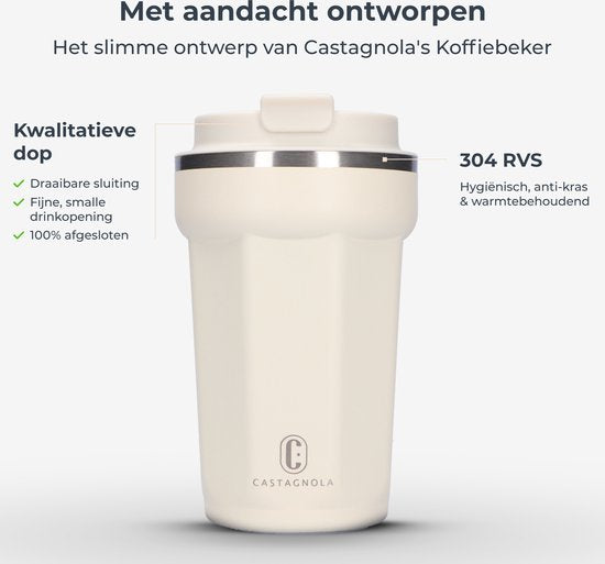 Castagnola Thermosbecher - Kaffeebecher To Go - Reisebecher für Kaffee und Tee - Teebecher - 380 ML - Edelstahl - Offwhite - Octagon