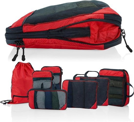 Packwürfel mit Kompression für Koffer und Rucksack inkl. Packsack, Sunset Blaze - Rot