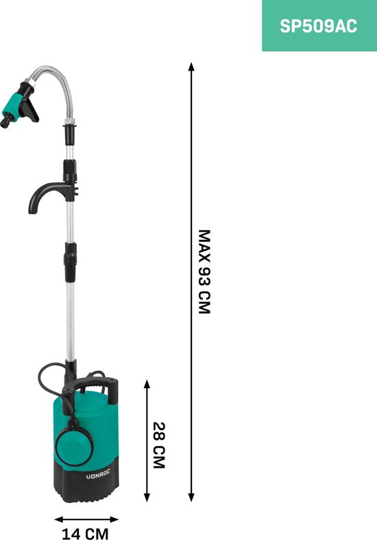 VONROC Regenfasspumpe 400W - 5200 lt/h - mit Trockenlaufschutz - einstellbarer Schwimmer - Universal-Gartenschlauchanschluss - 10 Meter Kabel