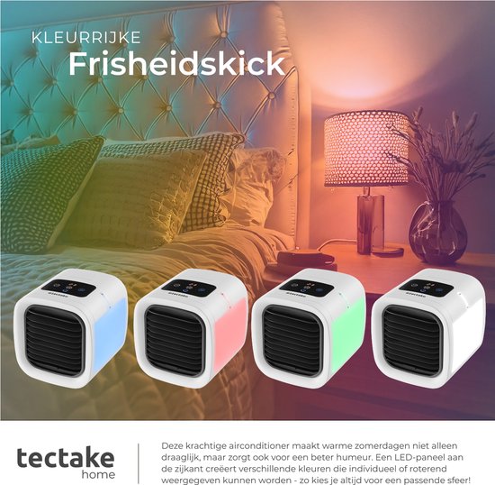 tectake® Air Cooler Frosty mit LED-Beleuchtung - 2 Kühlmodi - 8W - 3-in-1 Luftkühler mit Wasserreservoir - ohne Ablassschlauch - inklusive USB-Kabel und Trichter - Mini-Klimagerät - Weiß