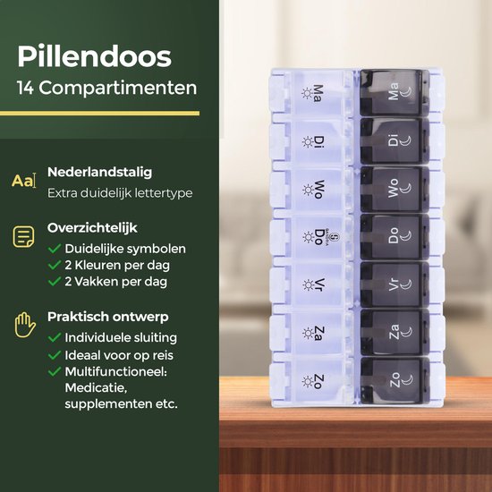 Gandria Pillenbox 7 Tage - Pillenbox - Pillenbox mit 14 Fächern - Medizinbox mit stabilem Verschluss - große Fächer - Schwarz/Weiß
