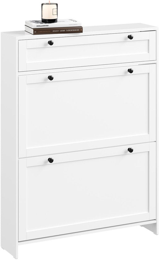 SoBuy - Schuhschrank mit 1 Schublade - 80 x 19 x 107 cm & mit 2 Kipptüren - ausgestattet mit Anti-Kipp-System und Silikonfüßen - für schmale Flure und Eingänge - weißes Mdf