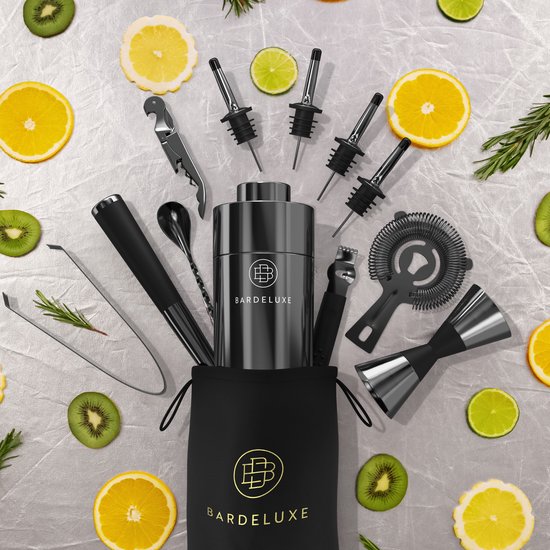 BarDeluxe® Cocktail Set - 12-teilig - Cocktail Shaker 750 ml - Edelstahl - Inklusive luxuriöser Geschenkbox - Aufbewahrungstasche & Rezeptbuch - Schwarz