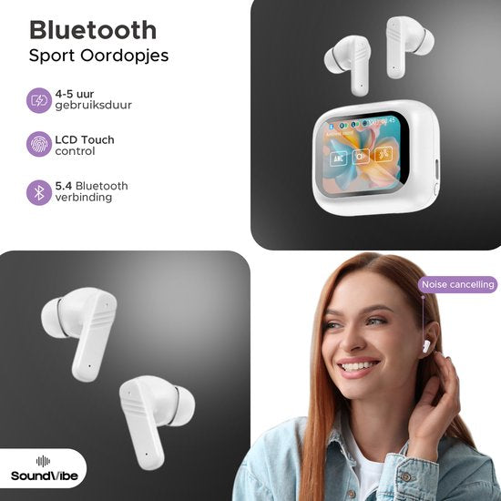 SoundVibe® - Kabellose Ohrhörer mit Geräuschunterdrückung - Weiß - Bluetooth-Ohrhörer - Kopfhörer mit Geräuschunterdrückung - LX-10 Earpods mit Bildschirm - Funktioniert mit Apple und Android - Earpods USB C - Kabellose Ohrhörer - Drahtlose Ohrhörer