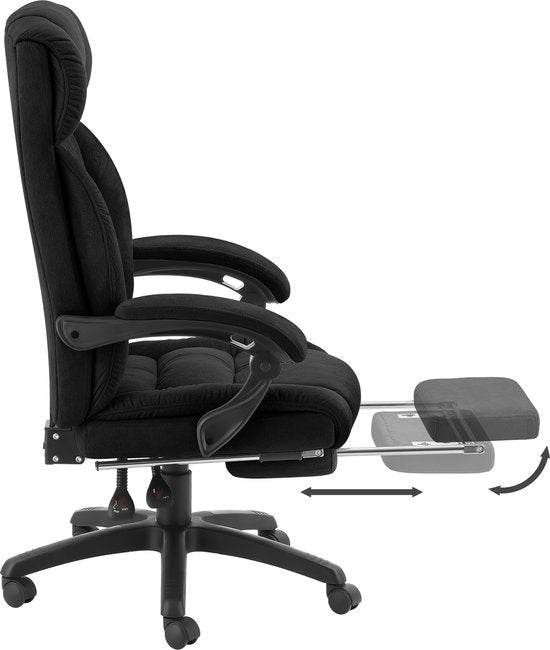 tectake® Luxus-Bürostuhl - Ergonomischer Chefsessel mit Fußstütze und Kopfstütze - Stuhl für Büro oder Schreibtisch mit dicker Velours-Polsterung - Bürostühle für Erwachsene - leichtgängig drehbar, mit Rädern - Rückenlehne und Höhe verstellbar - Schwarz