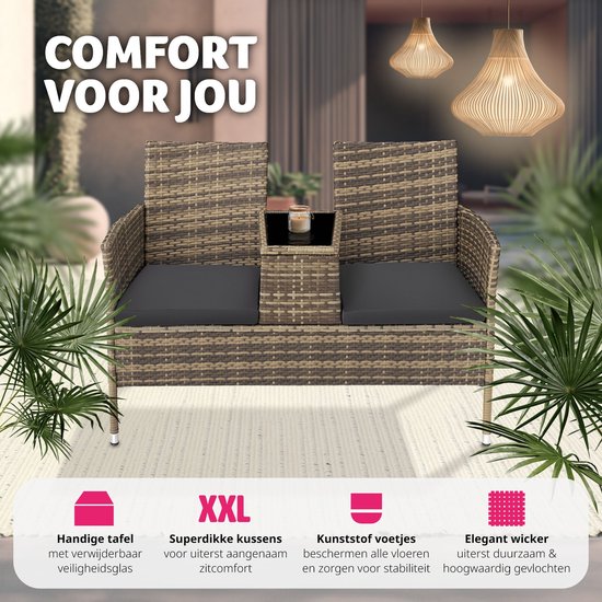 tectake - Geflecht-Gartenbank mit Tisch, 2-Sitzer-Bank, 131 x 61 x 82 cm, Gartenbank für Balkon und Terrasse, Gartenbank inklusive Sitzkissen - natur/dunkelgrau - Poly-Rattan