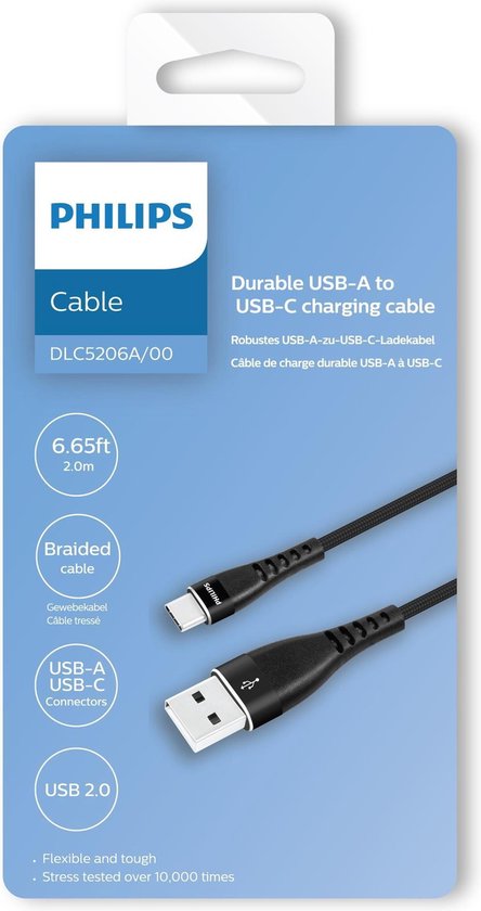 Philips USB-Kabel 2.0 - DLC5206A/00 - USB-A - USB-C - Länge: 2 Meter - Premium-Nylon - Schwarz