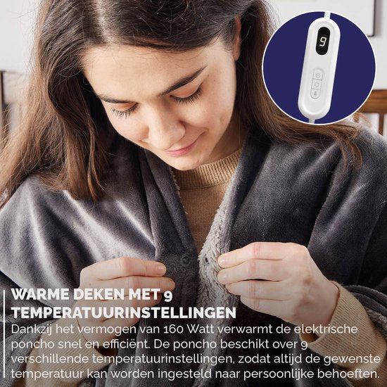 BREND BR-2220 Elektrische Decke und Poncho - Sherpa und Flanell Fleece Plaid - Wärmeumhang - 160 x 130 cm - 9 Temperaturstufen - Anthrazit
