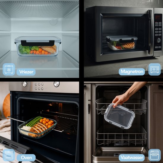 Aviro Food Storage Tassen Glas - 10 Stück - Mahlzeit Prep Tassen - Gefrierschrank, Mikrowelle & Backofen resistent - BPA frei - luftdicht - 1L