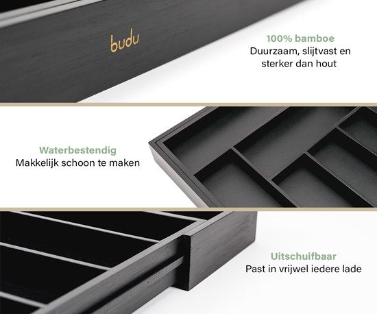 Budu Extendable Bamboo Cutlery Tray #47 (47 cm tief) - Schwarz - Besteckkassette Holz - Besteckschublade - 47 x 30.6 - 50 cm - 6/8 Fächer
