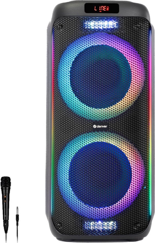 Denver Bluetooth Lautsprecher - Party Box - Disco Lights - Inkl. Mikrofon - Micro SD / USB / AUX - TSP456 - Schwarz