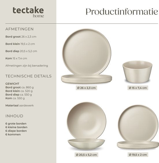 tectake® Geschirrset Una - 24-teilig - Steingut - 6 Personen - Stilvolles und langlebiges Geschirr - Tellerset mit großen und kleinen Tellern, Schalen, Schüsseln, Schälchen - Taupe