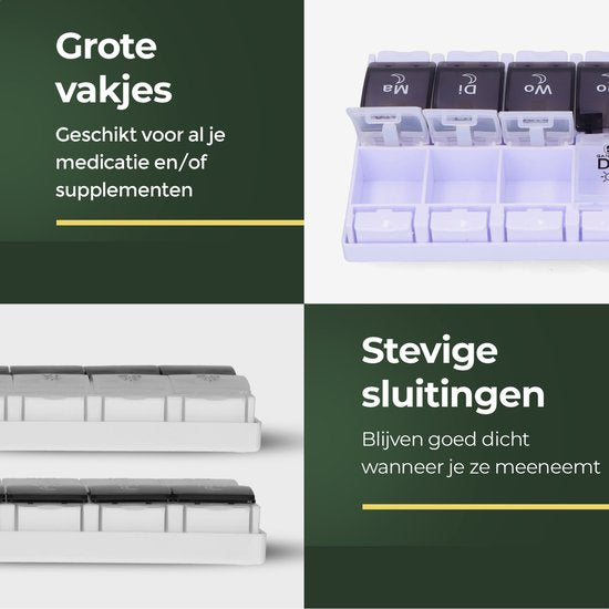 Gandria Pillenbox 7 Tage - Pillenbox - Pillenbox mit 14 Fächern - Medizinbox mit stabilem Verschluss - große Fächer - Schwarz/Weiß