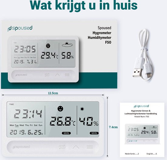 Spoused Digital Hygrometer - Raumthermometer - Luftfeuchtigkeitsmesser - Wetterstation - Weiß