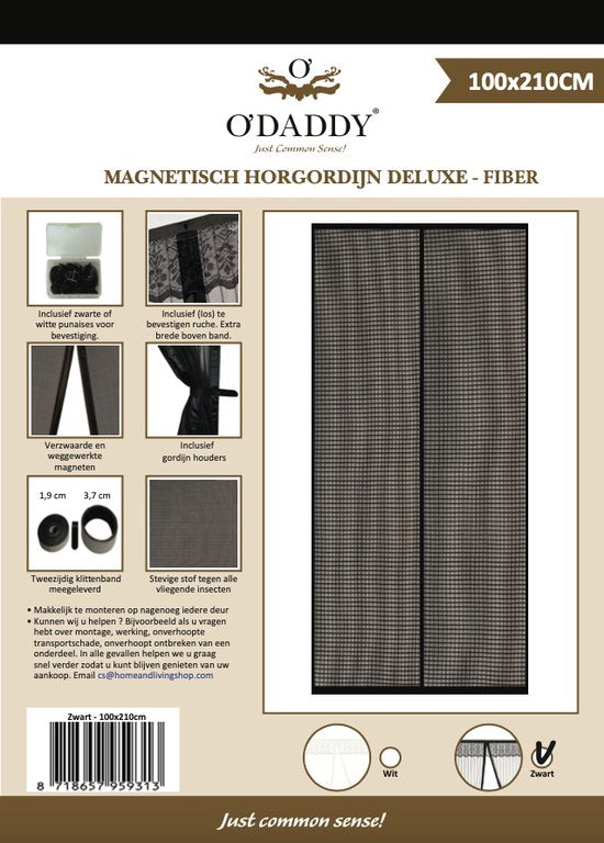 O'DADDY Türvorhang Deluxe FIBER - Magnetischer Fliegenvorhang - Für Neubauten und Standardtüren - Einfache Installation - Schwarzes Horn - 100x210 cm