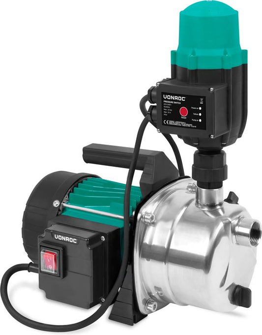 VONROC Hydrophor-Pumpe / Automatische Pumpe - 1000W - 3500l/h - Mit Druckschalter - Trockenlaufschutz - Für Bewässerung und Hausbewässerung