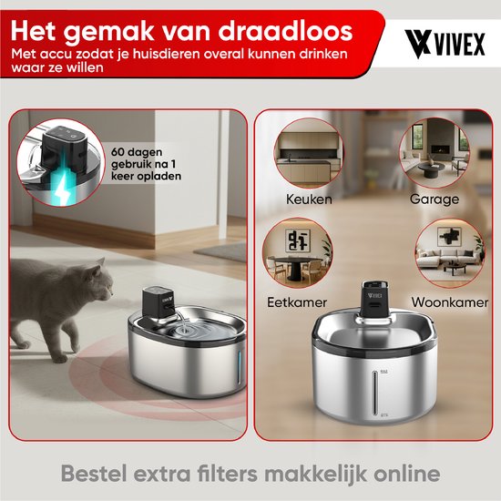 Vivex® Kabelloser Trinkbrunnen - Edelstahl - 4,5 Liter - Trinkbrunnen für Katzen und Hunde - Mit Sensor und Batterie - Inkl. 6 Filtern und Reinigung - Flüsterleise