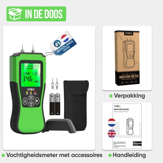 Strex Feuchtigkeitsmessgerät digital - für Holz / Baumaterialien (einschließlich Stein, Gips & Beton) - LCD-Display - Feuchtigkeitsmessgerät - Feuchtemessgerät Wände - inkl. Batterien & Aufbewahrungskoffer