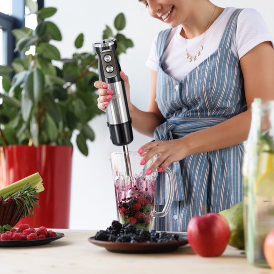 Goodforce 7-teiliges Stabmixer-Set - Inklusive Zerkleinerer, Schneebesen, Milchaufschäumer, Quirl & Messbecher - leistungsstark & spülmaschinenfest - 12 Geschwindigkeiten + Turbofunktion - 1000W - PFAS-frei