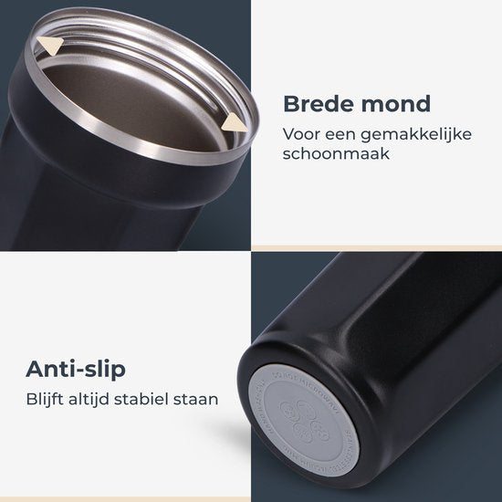 Castagnola Thermos Cup - Kaffeebecher To Go - Reisebecher für Kaffee und Tee - Teebecher - 380 ML - Edelstahl - Schwarz - Octagon