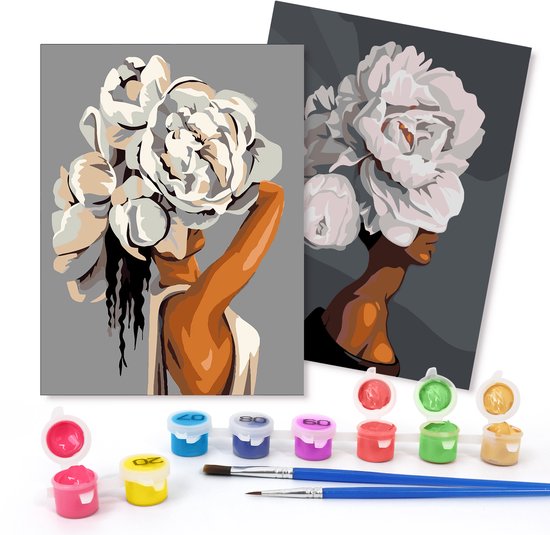 Rubye® Malen nach Zahlen Erwachsene - Blumenkopf - Inklusive Farbe und Pinsel - Malen auf Leinwand - Malen nach Zahlen - Doppelset - 15x20cm