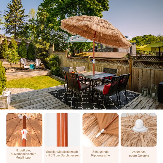 COSTWAY Hawaii Sonnenschirm, Sonnenschirmfuß nicht inbegriffen, kippbarer Strandschirm, Gartenschirm, höhenverstellbar, UV-Schutz, pp Strohsonnenschirm, Marktschirm, natur, 155 cm