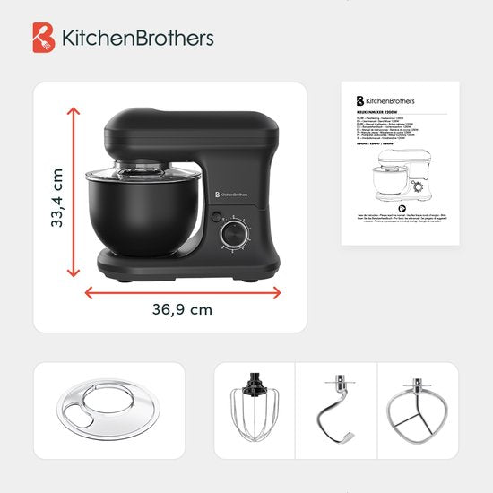 KitchenBrothers Küchenroboter - Küchenroboter - 5L - Mixer mit Rührschüssel - Küchenmixer - 1200W - Mattschwarz