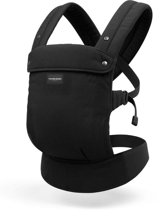 Vulpes Goods® BabyCare - Babytrage - Ergonomische Babytrage 0-36 Monate - Luxus-Bauchtrage bis zu 20 kg - OEKO-TEX® Baumwolle - Freihändiger Komfort - Mit Rückenstütze & M-Position - Schwarz