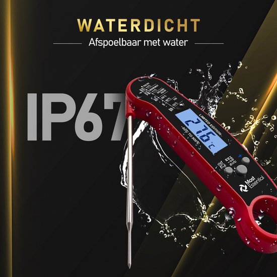 MostEssential Premium Fleischthermometer - BBQ Thermometer - Kernthermometer - Zuckerthermometer - Küchenthermometer - Digital - Kabellos - Wasserdicht - Rot