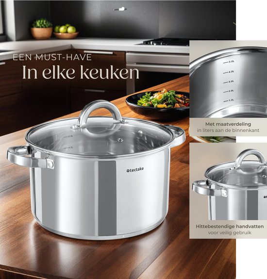 tectake Pfannenset - Edelstahl - Geeignet für Induktion, Gas und Elektro - 15-teilig - Spülmaschinenfest - Für zu Hause oder beim Camping - Pfannen mit Deckel
