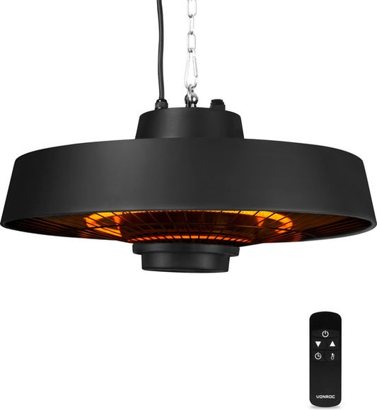 VONROC Atmosphärischer Terrassenstrahler hängend - Vulcano 2000W - Leistungsstarke Infrarotlampe - mit 2 Heizstufen, Timer und Fernbedienung