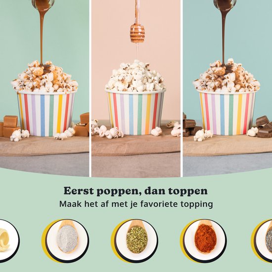 JAP Appliances Happy Pops - Retro-Popcornmaschine (2-3 Personen) - 1200W - Inklusive Mess- und Butterschmelzlöffel - Fertig in 3 Minuten - Ölfrei - Grün