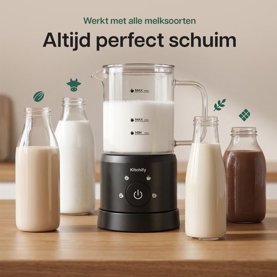 Kitchify Milchschaumer aus Glas – Elektrischer Milchschaumer – Mit Ausgießer – 4-in-1 – Milk Frother – Schwarz