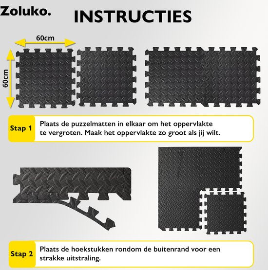 Zoluko Puzzle Matte – Fitnessmatte – EVA Schaum – 12er Set – 60 x 60 x 1,2 cm – Schwarz