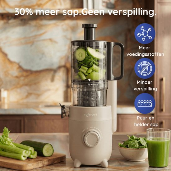 Safecourt Kitchen Slow Juicer - leistungsstarker Motor [Vorschneider & Kaltpress-Technologie] - einfache Reinigung - BPA-frei - Entsafter Beige