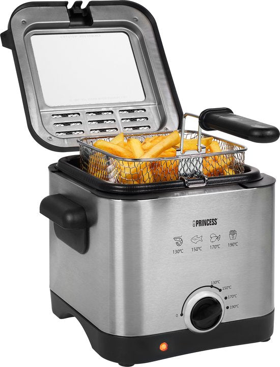 Princess Mini-Fritteuse 182612 - 1,5 Liter - Einstellbarer Thermostat - Geruchsfilter - Sichtfenster - Kompakt - Geeignet für Camping - 1000W - Gebürsteter Edelstahl