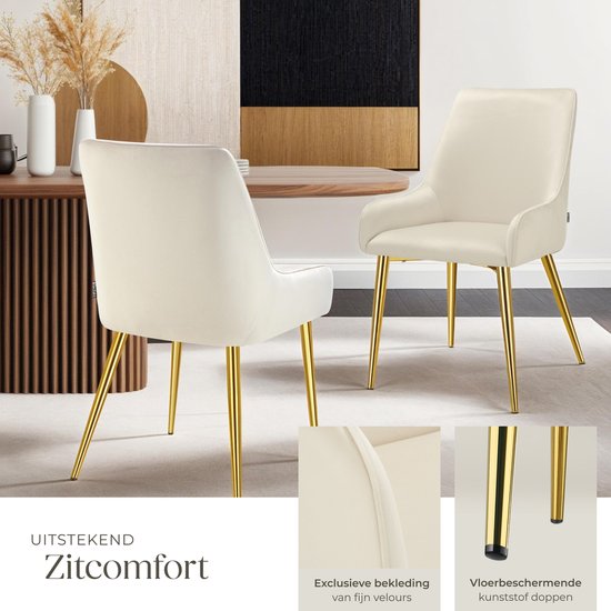 tectake - Esszimmerstuhl Avane - Samtoptik - Ergonomischer Polsterstuhl mit goldenen Stahlbeinen - Belastbarkeit 120 kg - Moderner Esszimmer- und Küchenstuhl - 2er Set - Beige