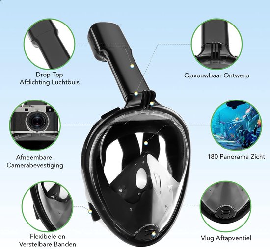 Travelhawk Schnorchelmaske - Erwachsene S/M - Schnorchelset Schwarz - Schnorchelmasken - Vollgesichtstauchmaske - Taucherbrille mit Schnorchel - Schnorcheln und Tauchen