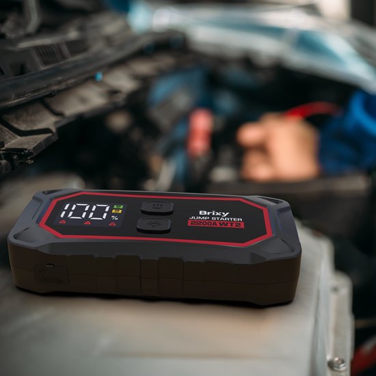 Brixy Jumpstarter für Auto - 2200A / 16.000 mAH - 4-in-1 Starthilfe - LED-Taschenlampe, SOS-Notlicht und Powerbank - Rot/Schwarz