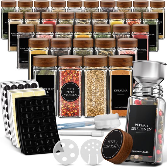 Soothe 36 Glasgewürzdosen quadratisch mit Akaziendeckel - 2 Arten von Streudeckeln - Gewürzstreuer - Gewürzdosen - Komplettset inkl. Gewürzsticker, Kreidestift und Zubehör - 120ml