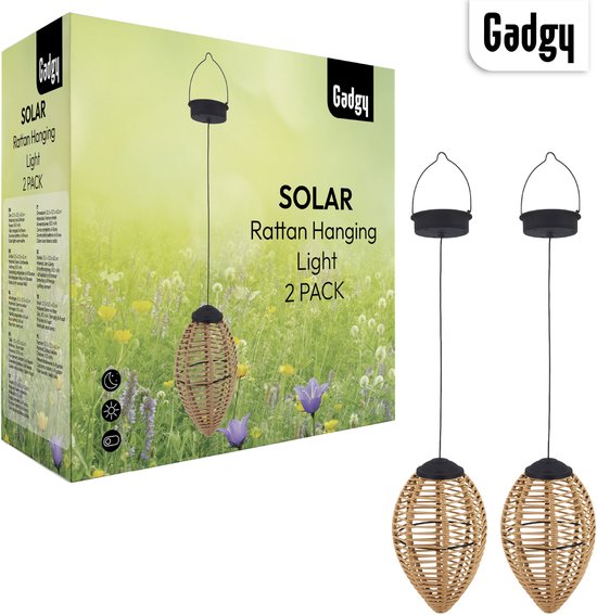 Gadgy Solar-Hängeleuchten für den Außenbereich - 2er-Set - Rattan-Look - LED-Solar-Gartenleuchten - Warmes Licht - Spritzwassergeschützt - Solarbetrieben - Hängeleuchte Gartendekoration