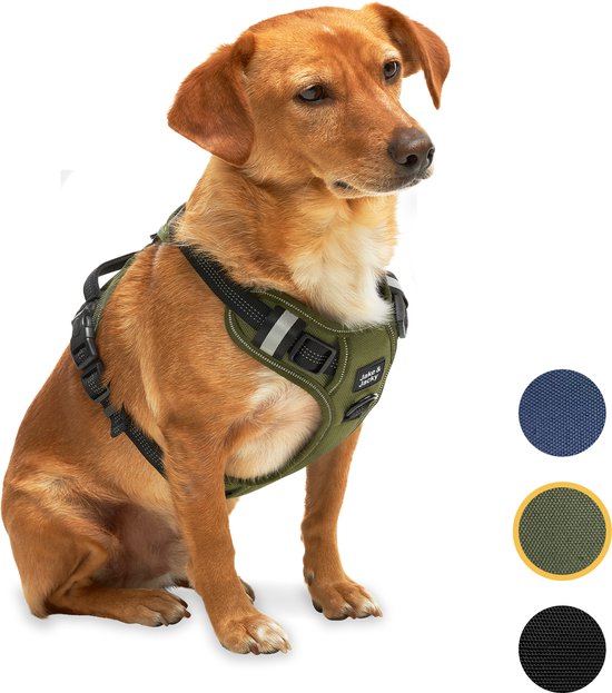 Jake und Jacky Hundegeschirr – Anti-Zug-Geschirr – Hundegeschirr – Y-Geschirr für Hunde – Reflektierend – Grün – Größe S