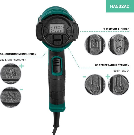 VONROC PRO Heißluftgebläse - 2000W - LCD-Anzeige - 650°C - 500L/min - Inkl.