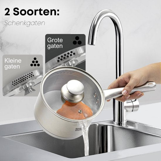 Savoré Kitchen 8-teiliges Pfannenset - Edelstahl - Kochtöpfe mit Glasdeckel - Induktionspfannen - Abtropfrand, Graduierung und Ausgießer