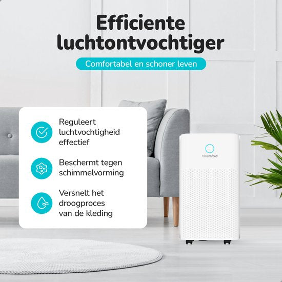 Bloomfold Luftentfeuchter - 12L pro Tag - inkl. Wasch-Trocken-Funktion - geeignet für Wohnzimmer, Schlafzimmer, Keller & Badezimmer - Luftentfeuchter - Weiß