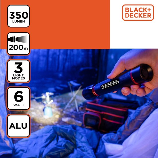 BLACK+DECKER LED-Taschenlampe - 350 Lumen - 6W - 200M Reichweite - 3 Lichtmodi: Hoch, Niedrig, Pulsierend - Schwarz/Orange
