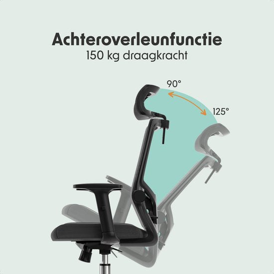 LifeGoods Ergonomischer Bürostuhl - Bürostuhl - NEN und SGS zertifiziert - Erwachsene - Kopfstütze - Schwarz/Chrom