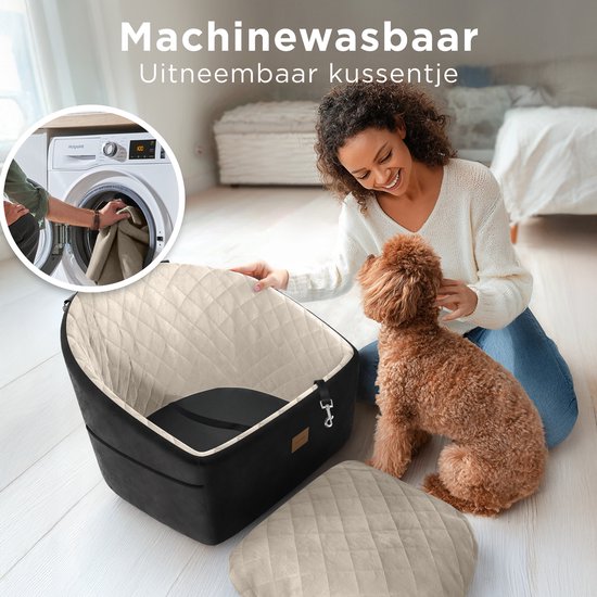 CozySense® Hundeautositz - Sicherer Hundekorb für kleine Hunde - Vorder- und Rücksitz - mit Sicherheitsgurt, Staufach und waschbarem Bezug - Schwarz/Beige
