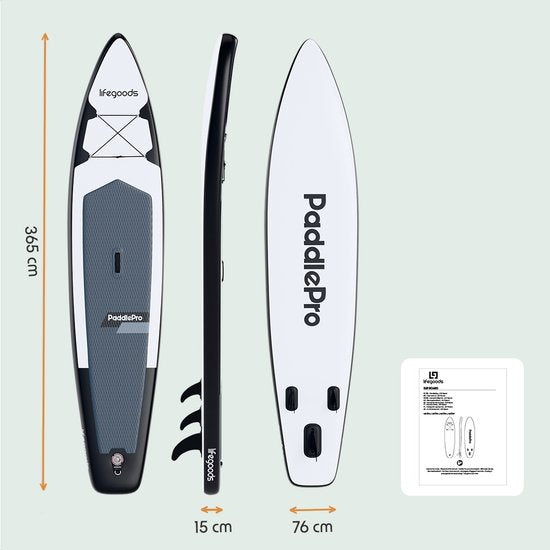 LifeGoods SUP Board Touring - 165 KG Belastbarkeit - 365 x 76 cm - Aufblasbar - Komplettes SUP Paket - Weiß/Schwarz