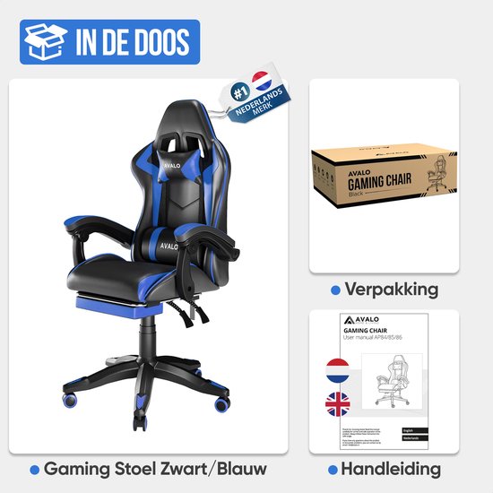 Avalo Gaming Chair - Game Chair - Ergonomischer Bürostuhl Verstellbar - Game Chair - Gaming Chair - Schwarz/Blau